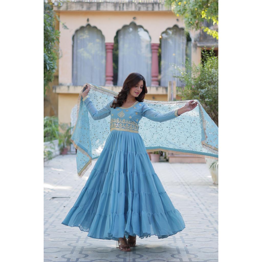 Desirable Women's Fully Flair Gown Made With Star Georgette Fabrics and Designer Embroidered Dupatta With Attractive Lace Border ,COLOUR:- 4
