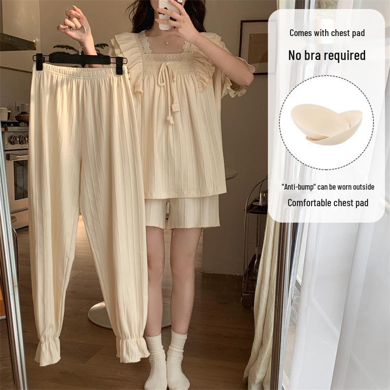 

Женский летний хлопковый пижамный комплект из трех предметов: Тонкое, милое в стиле принцессы с короткими рукавами, подходит для студентов и повседневной носки на открытом воздухе L (48-57 kg)