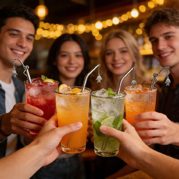 Decorative Fishing Design Charm Metal Straw Beverage Drinking For Restaurants Cafes And Home Kitchens Dishwasher Safe