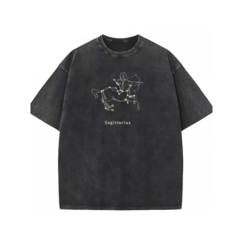 

European Size Washed Sagittarius Retro Washed Short Sleeved T-Shirt | Geometric Pattern, Machine Washable,Crew Neck, Slight Stretch, S чёрный