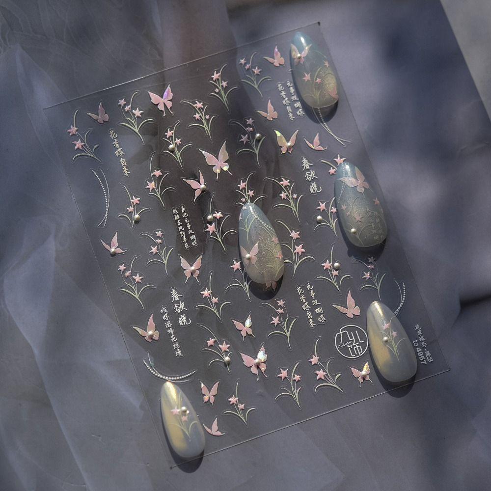 Pearl Inlay Pink Butterfly 3D Relief Nail Stickers DIY Manicure White Flower with Rehinstone Self Adhesive Decal Charm