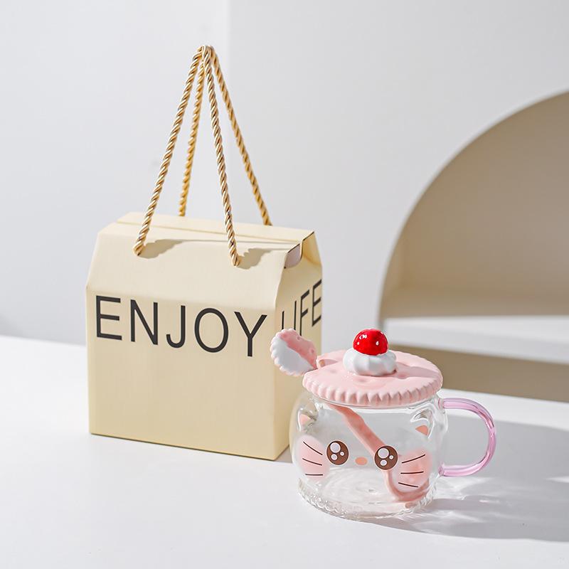 Creative Cute High Borosilicate Glass Mug Pink Girl Heart Gift Water Cup with Lid Spoon Pig Cat Cup