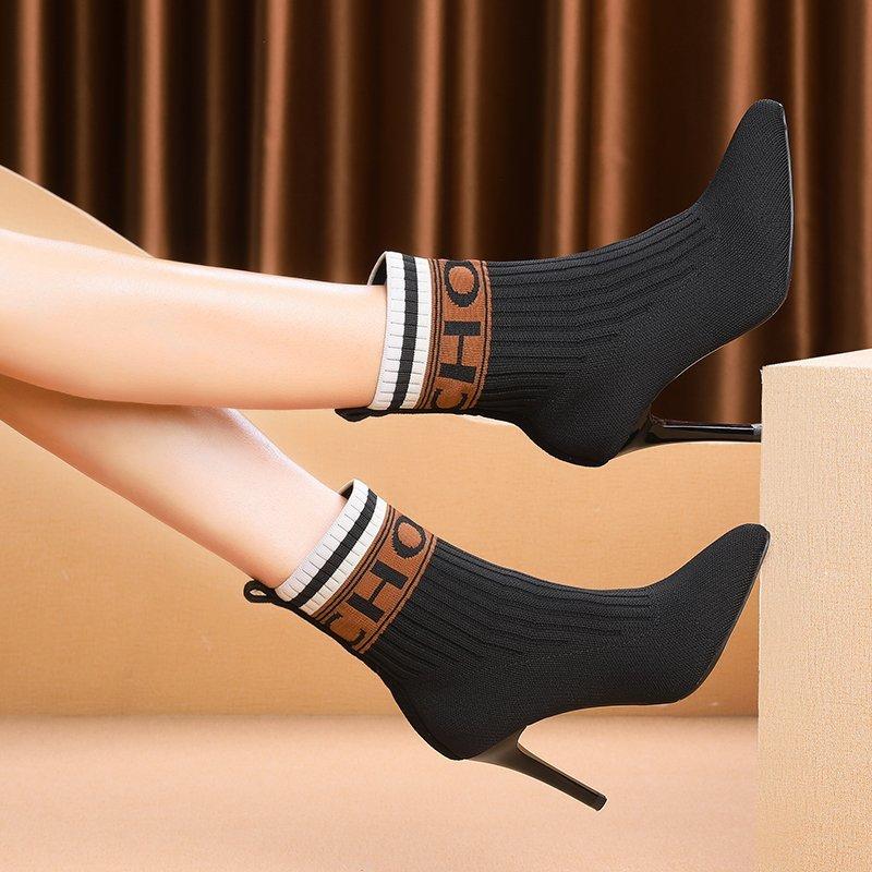 Fashion Autumn Winter Women Fly Knit Sock Boots Large Size High Heels Shoes Women Fashion Ankle Boots Pointed Toe Elastic Short Booties