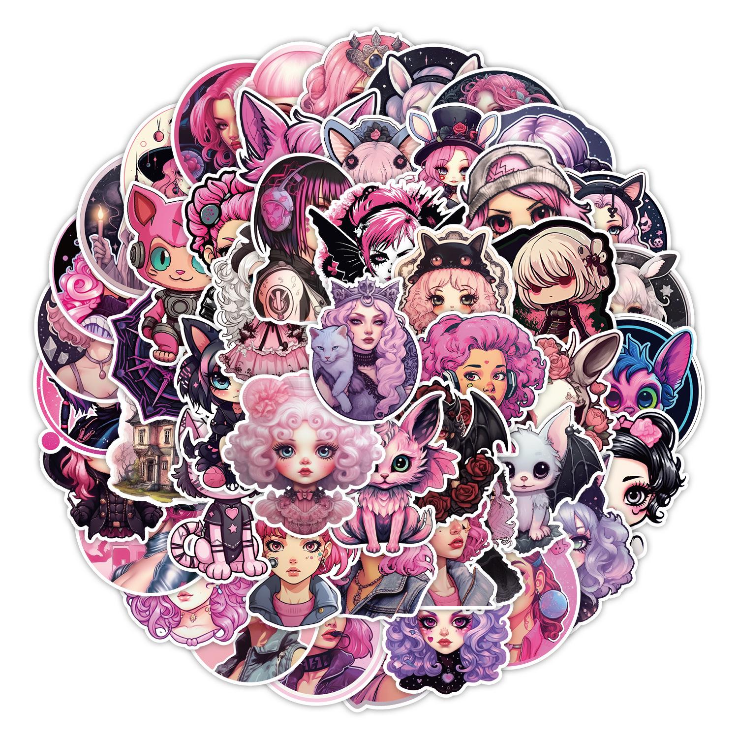 50 Pastel Gothic Girl Stickers for Skateboards, Luggage, Phones & More - Waterproof & Creative Stationery.