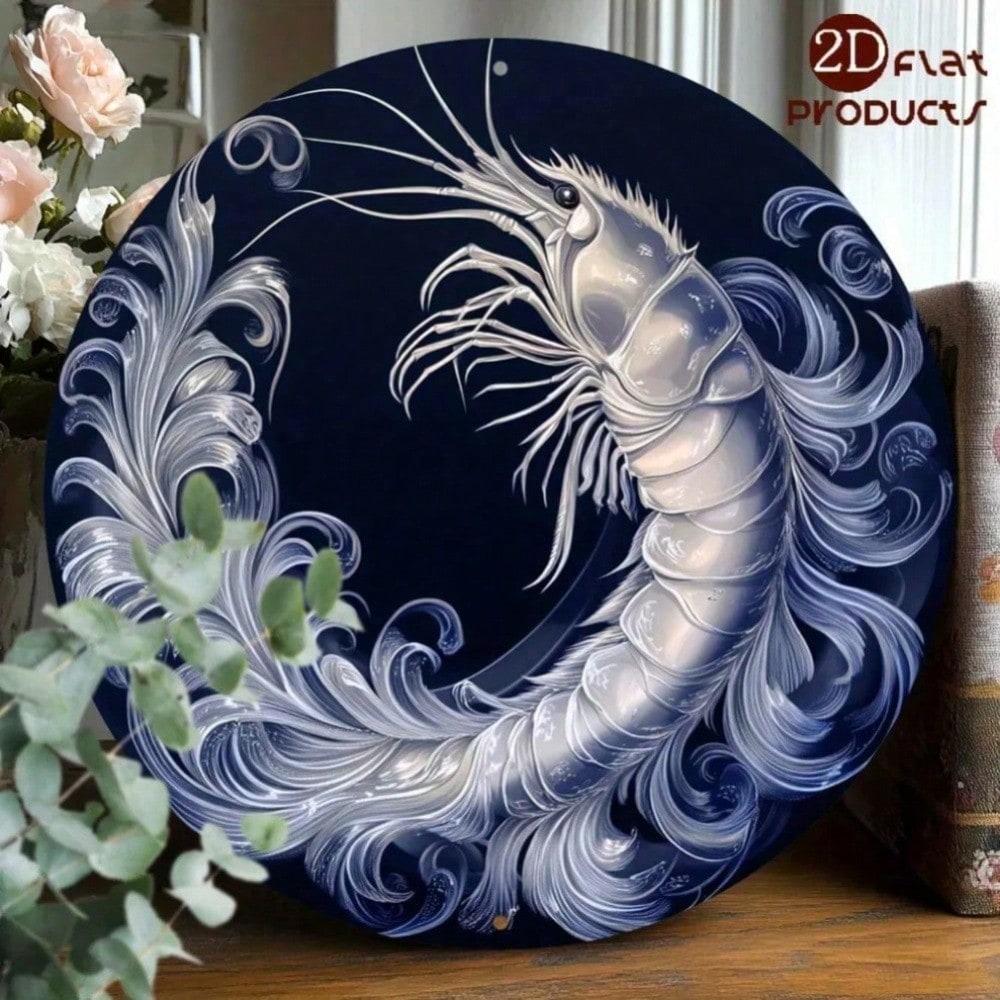 Vivid Shrimp Blue White Metal Art Round Wall Decor 8in Home Kitchen 20x20 разноцветный