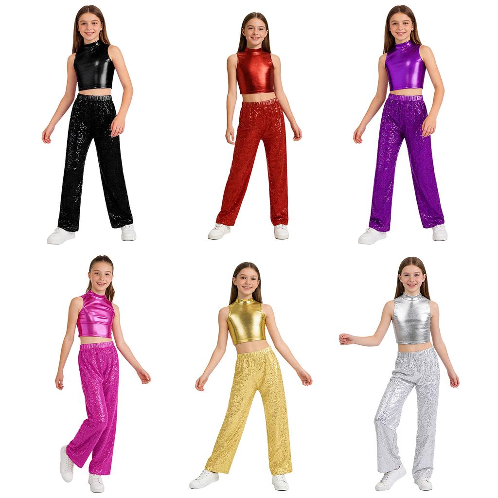 Kids Jazz Dance Outfit Sleeveless Mock Neck Metallic Top and Elastic Waist Sparkle Sequin Pants for Competition Recital