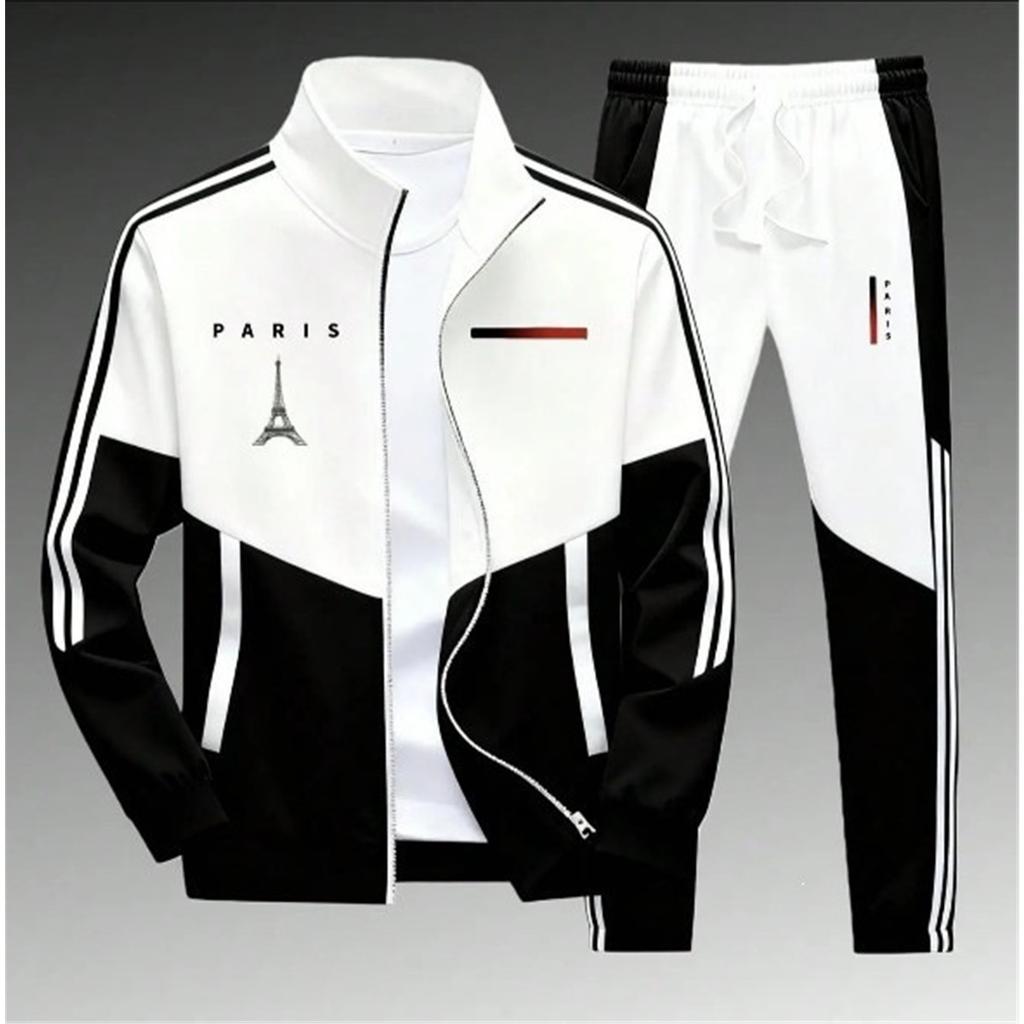 Men 2‑Pieces Tracksuit Color Block Zip‑Up Stand Collar Jacket + Elastic Waist Jogger Pants Set Casual Sports Outfit 