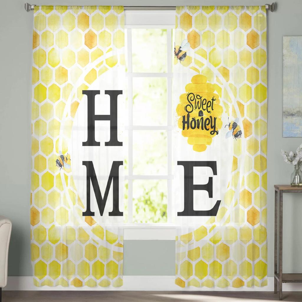 Transparente Vorhänge mit Bienenstock-Aquarellmuster für Wohnzimmer, Schlafzimmer, Kinderzimmer, Tüll-Fenstervorhänge
