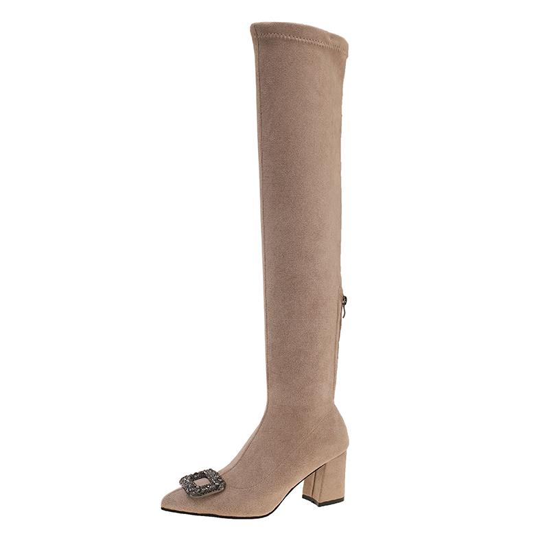 Autumn Over The Knee Boots 2026 Women s Square Button Rhinestone Block Heel Mid Heel Stretch Tall Boots 35 хаки 3690₽