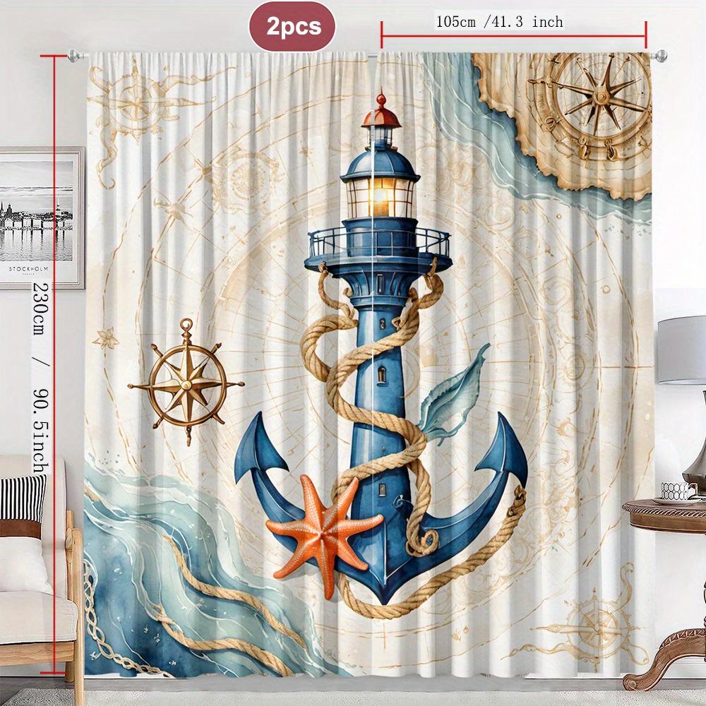 Maritimes Leuchtturm Vorhang Set 2 Stück – Vintage Karte & Maritime Motive, Stangendurchzug Lichtfilternde Vorhänge