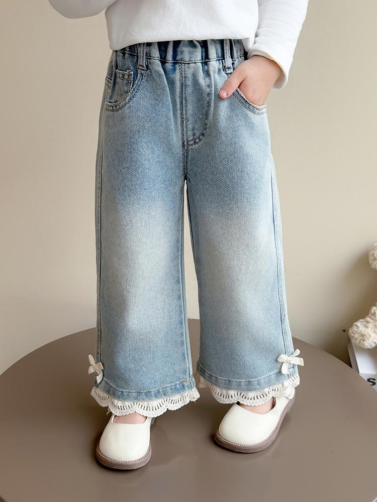 

2025 Girls Spring & Autumn Straight-Leg Jeans with Bow Lace Trim 110 cm