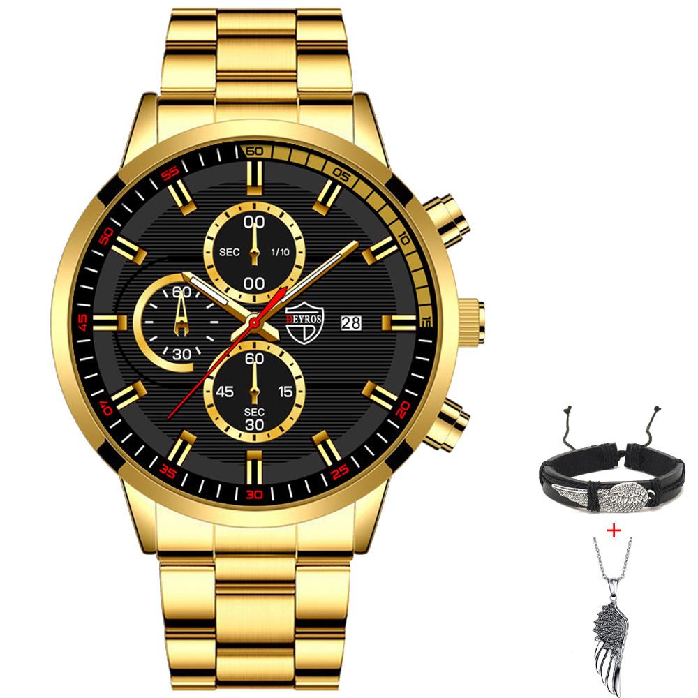 Fashion Men's Calendar Watch Mens Stainless Steel Wristwatch Casual Man Quartz Watches Bracelet Necklace Set Date Clock