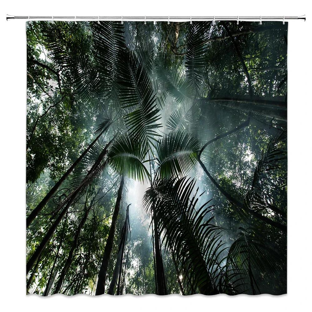 unframed Tropical Forest Shower Curtain, Nature Scenery Green Tundra Forest Waterfall River Animal Bridge, Bathroom Decorative