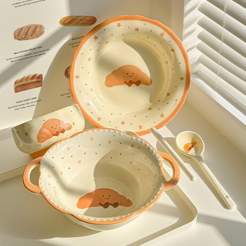 Cream Wind Croissant Binaural Soup Bowl Household Instant Noodle Bowl High Value Noodle Soup Bowl Snail Powder Bowl Tableware