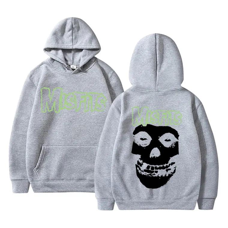 Horror Punk Misfits Graficzny Nadruk Czaszki Bluza z Kapturem Męska Gotycka Vintage Luźna Bluza z Kapturem Męska Polar Bawełna Ubrania Męska Bluza Rockowa