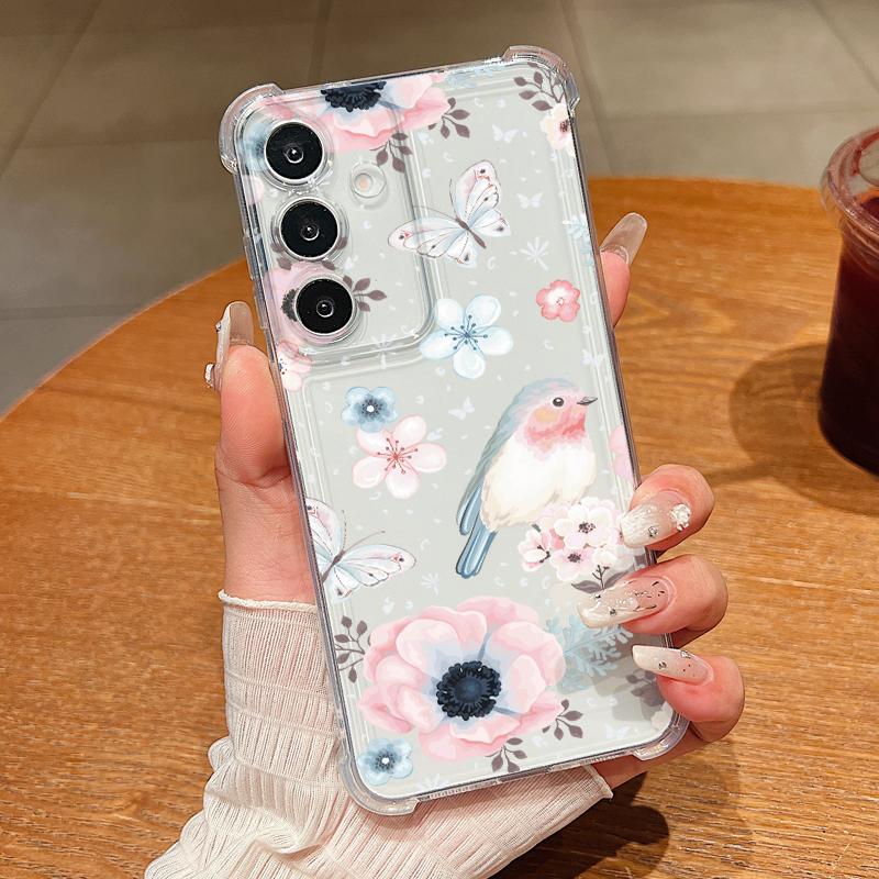 Retro Flowers Patterned Phone Case For Samsung Galaxy S26 S25 S24 S23 Ultra S22 Plus S21 S24 S25 FE Clear Shockproof Soft Cover