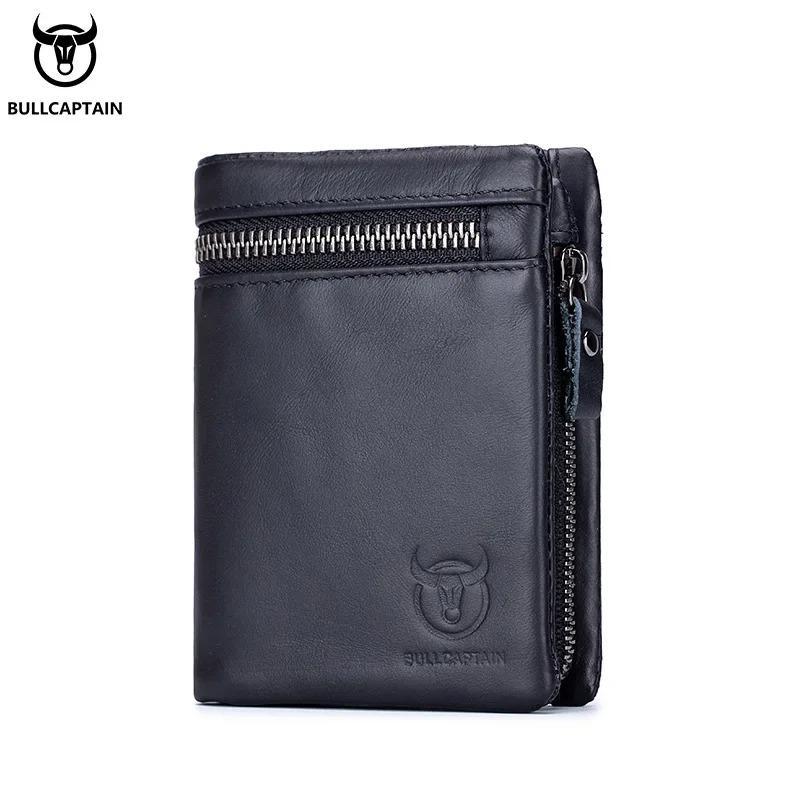 BULLCAPTAIN Short Tri-Fold Buckle Zipper Wallet Men's Cow Leather Wallet Coin Purse Money Bag Business Card Holder RFID Holder