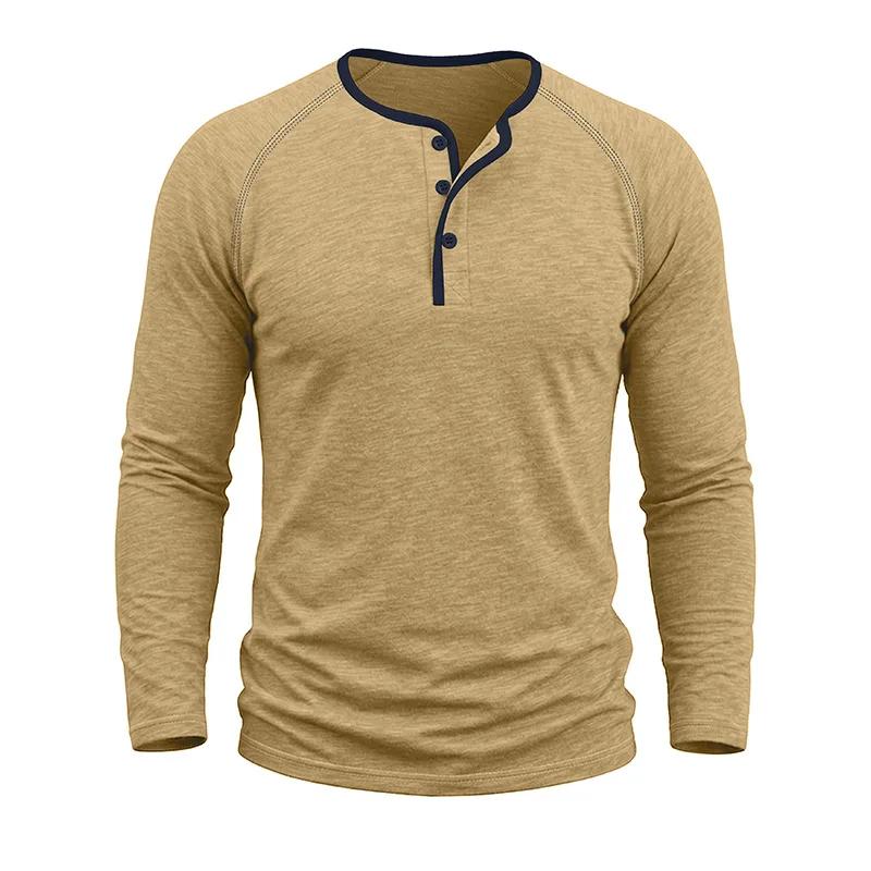 Spring Autumn Men's Cotton Henry Collar T-Shirts American Style Fashion Smart Casual Tees Tops Men Patchwork Breathable Tshirt