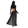 Women Sheer Maxi Dress High Slit Design Hooded Face Cover Long Sleeves Hollow Out Mesh Coverup Gown