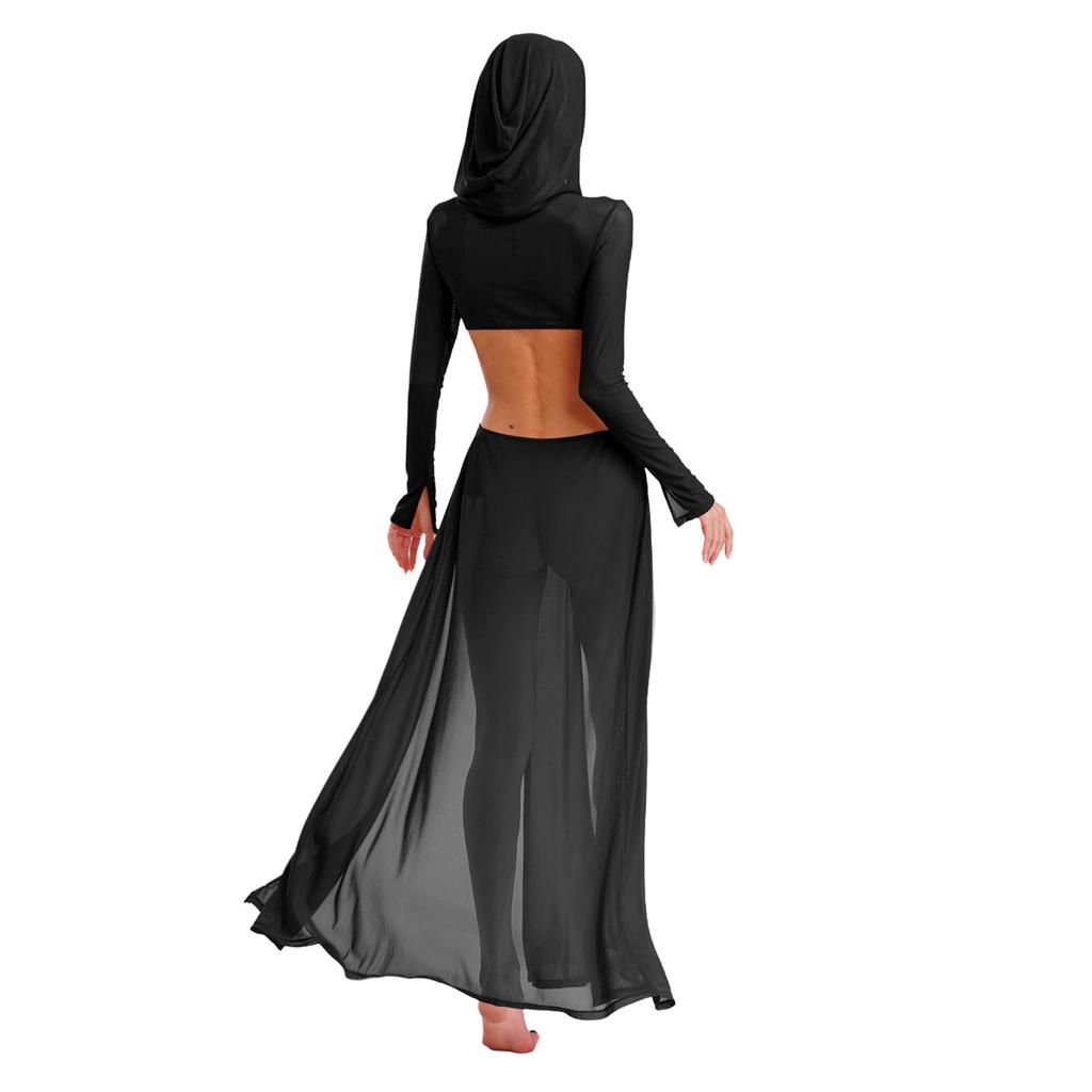 Women Sheer Maxi Dress High Slit Design Hooded Face Cover Long Sleeves Hollow Out Mesh Coverup Gown