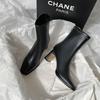 Brown Short Boots Women's High Heels Autumn and Winter New Velvet Thick Heel French Small Ankle Boots Rear Zipper Elastic Square Head Thin Boots