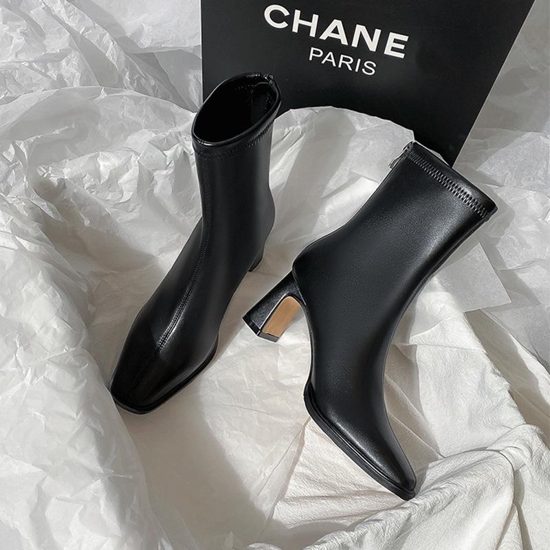 Brown Short Boots Women's High Heels Autumn and Winter New Velvet Thick Heel French Small Ankle Boots Rear Zipper Elastic Square Head Thin Boots