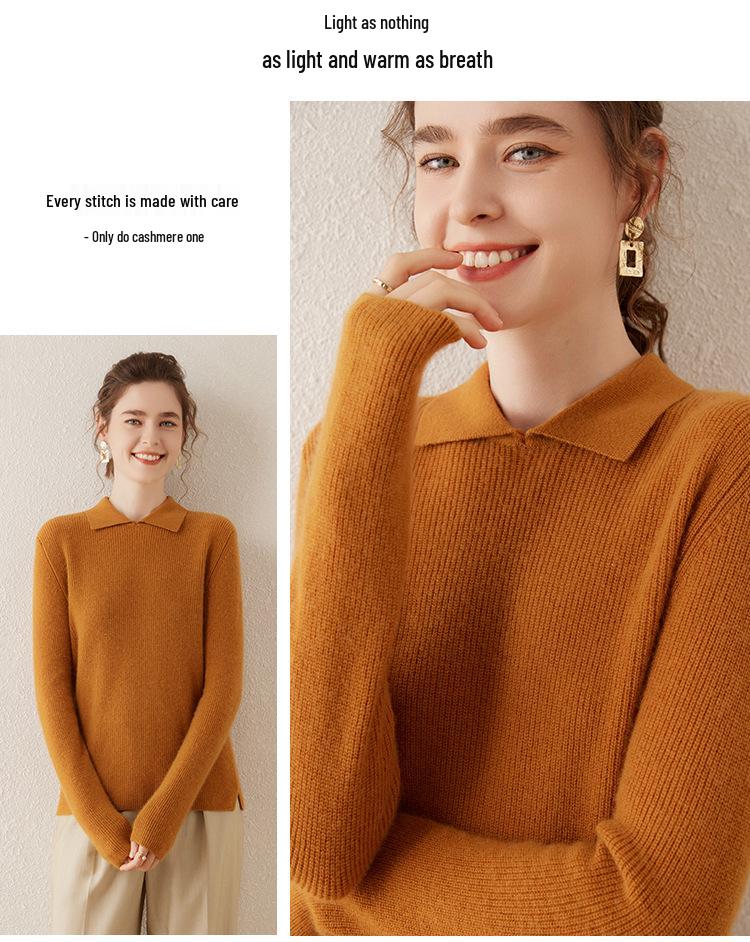 Women's Slimming Versatile Cashmere Polo Neck Pullover with Slit Lapel and Long Sleeves