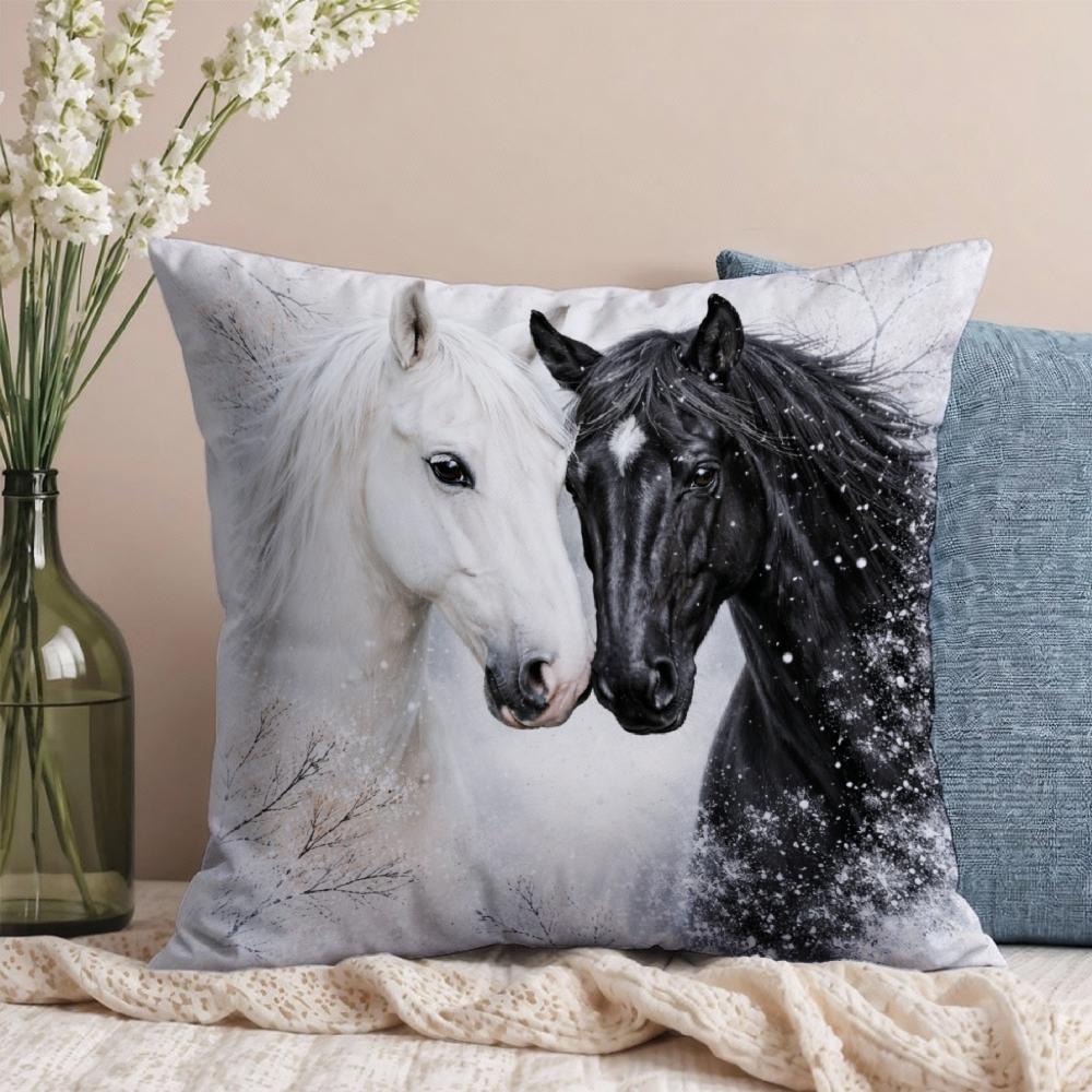 Square Pillow Case White And Black Horses Print For Living Room Sofa Decoration