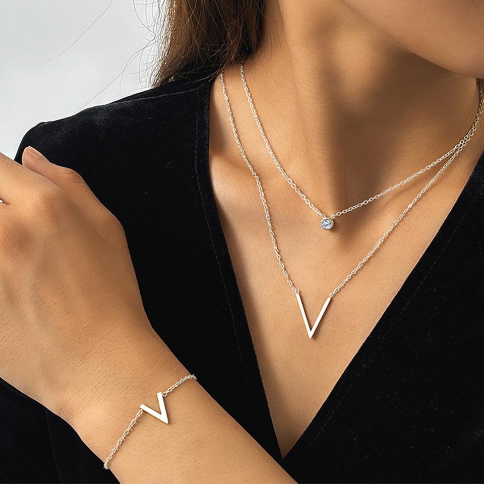 ZAKOL 3 Pcs Simple Stainless Steel Zircon Set Christian Cross V Letter Charm Earring Necklace Bracelet Accessories Zircon Gift