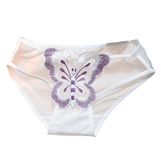 Women Underpants Butterfly Embroidery See-through Mesh Briefs Mid Waist Hollow Out Elastic