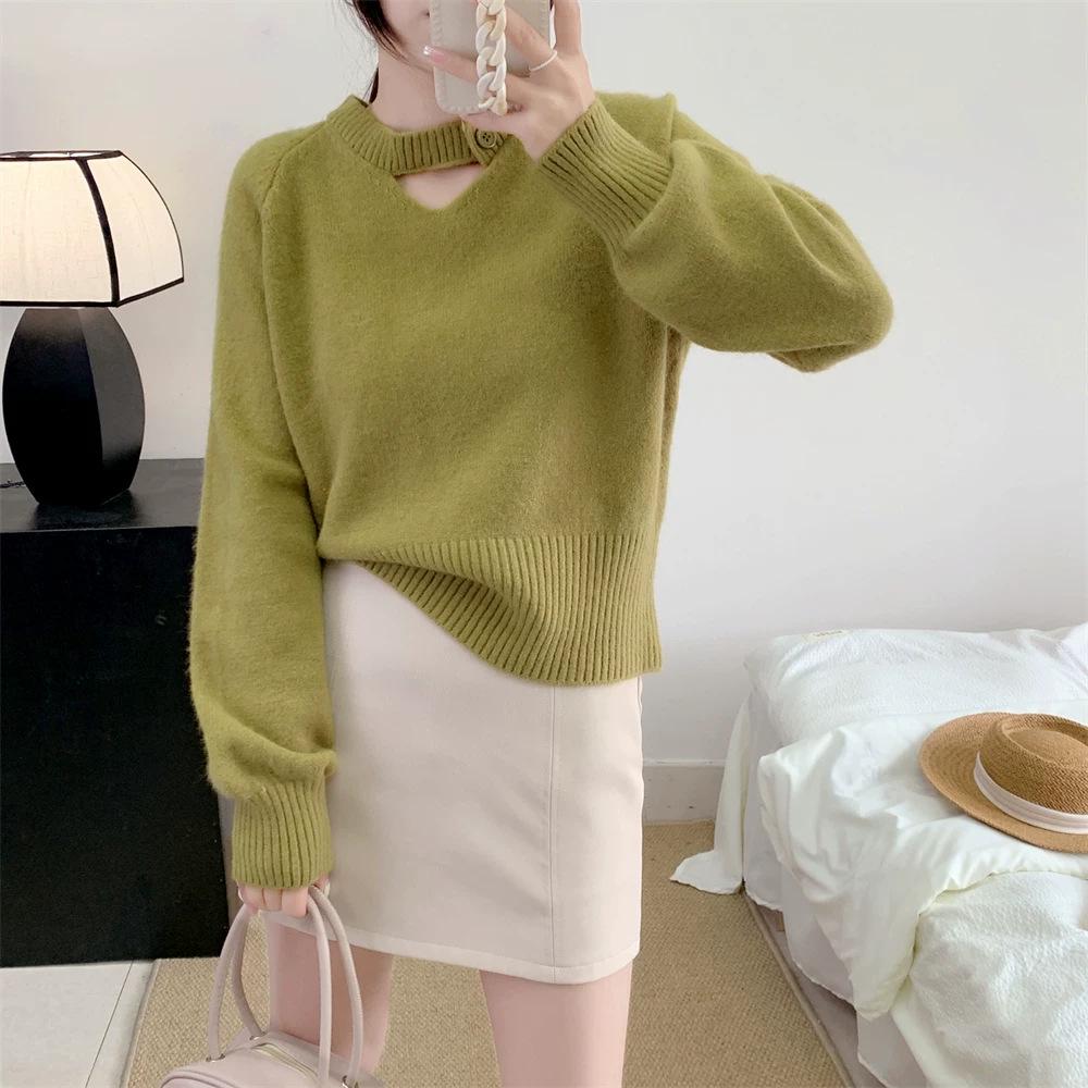 

2025 Ранняя весна Женский модный свободный вязаный свитер - Облегающий базовый топ Large зелёный