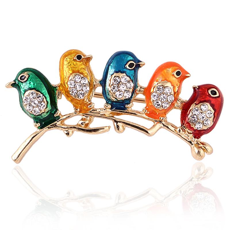 Enamel Five Birds Brooch Pin   Collar Clip Animal Brooches Gift