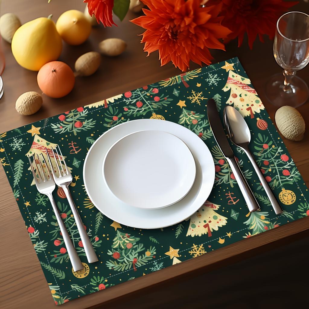 4-Pack Christmas Placemats 12x18 Inches, Festive Green Christmas Tree Print, Linen Table Mats for Holiday Dining and Kitchen Decor, Rectangular Woven