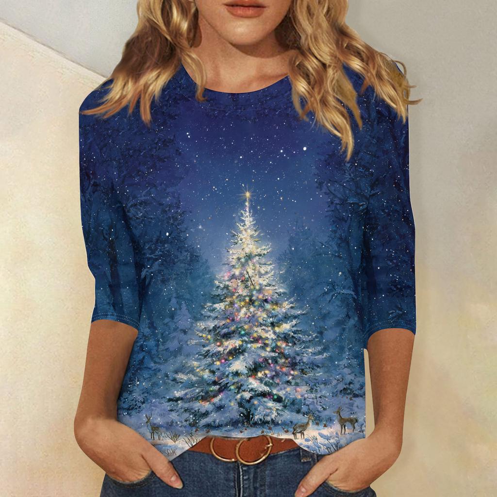 Women's Fashion Casual Christmas Printed Round Neck Long Sleeve Pullover Top