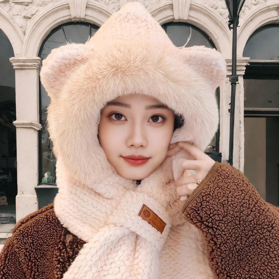 Cute Shiba Inu Long Ear Plush Winter Hat Scarf Set for Girls, Warm Two-Piece Cartoon Outfit