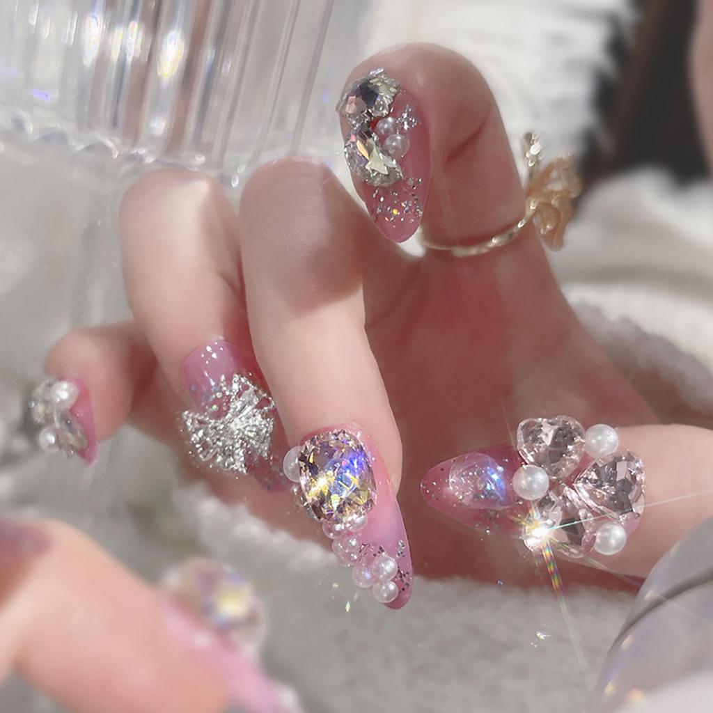 Pink Pointed Head False Nail with Rhinestone Chip-Proof Smudge-Proof Fake Nails for Daily and Parties Wearing