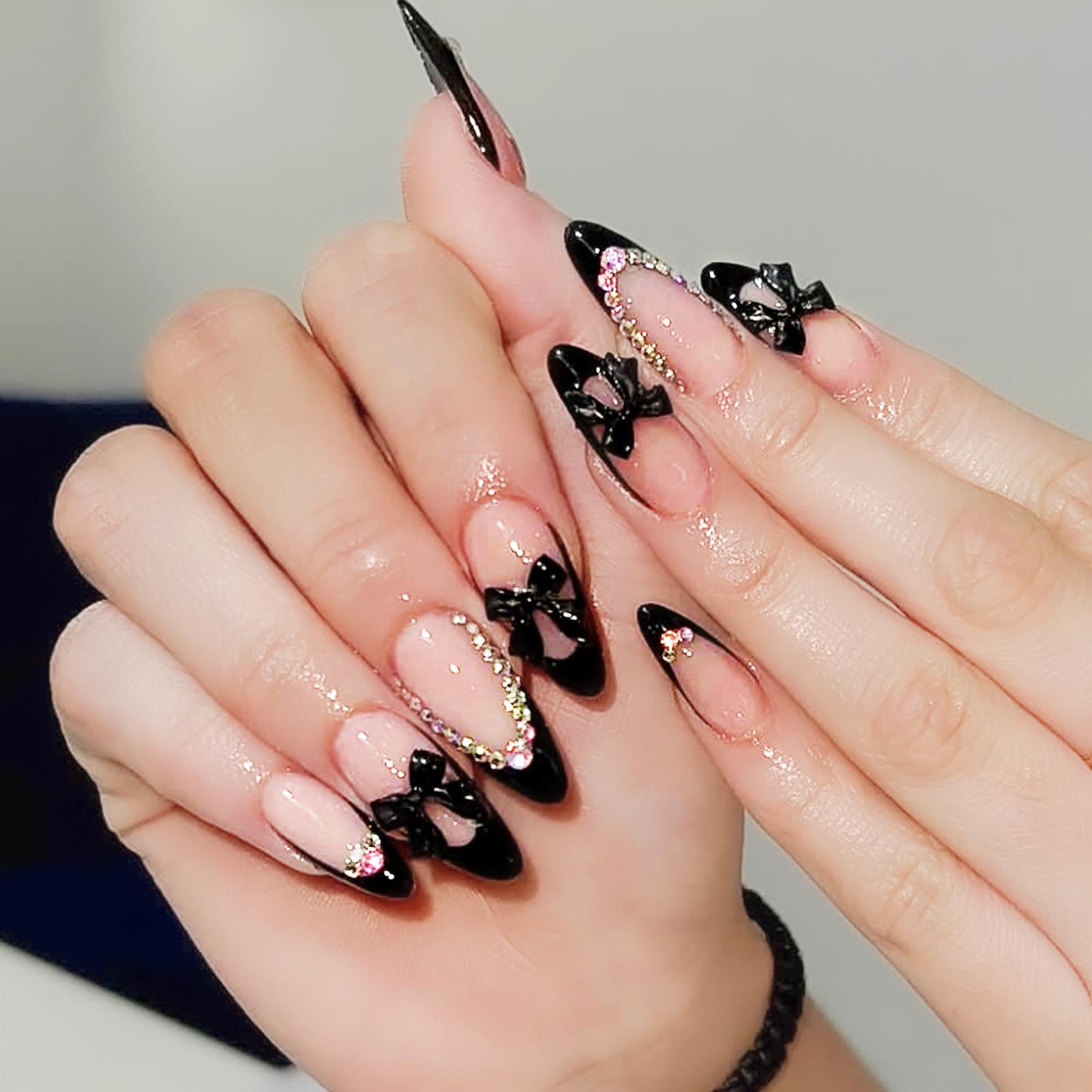 24Pcs Almond Shape False Nails  Pearl Bowknot French Tip Press On Nails Artificial Manicure Tool Nail Tips Wearable Fake Nails