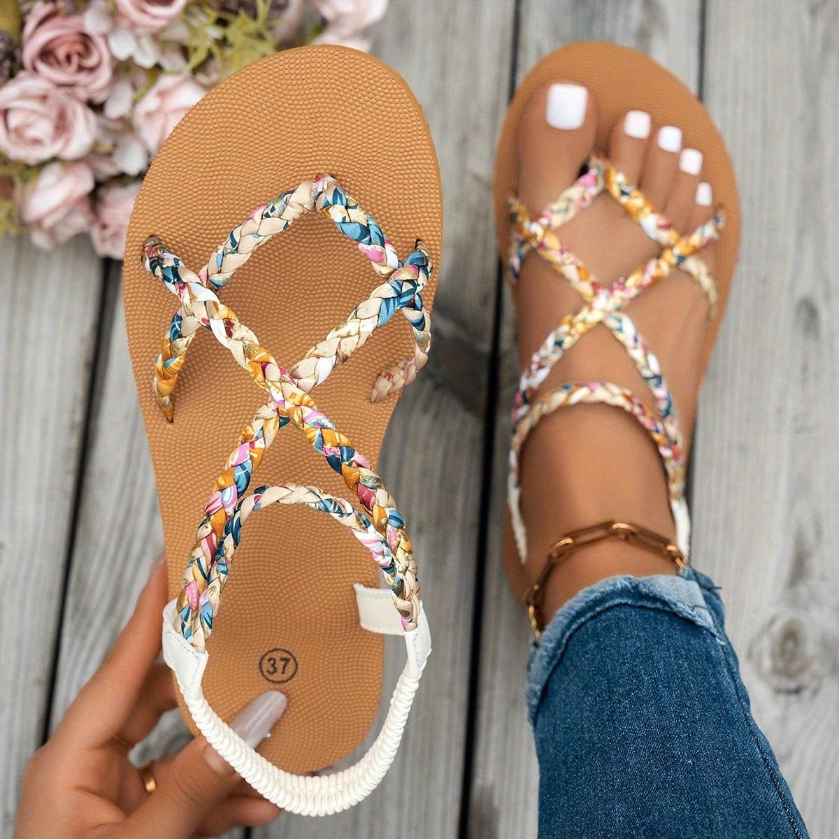 

Fashion Floral Printing Flat Sandals for Women Summer 2025 Lightweight Slip On Beach Shoes Woman Braided Band Bohemian Sandalas Mujer 43 коричневый