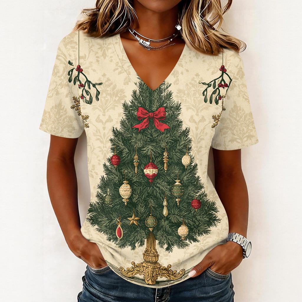 Women's Casual Short Sleeve V-Neck Christmas Print Pullover Top