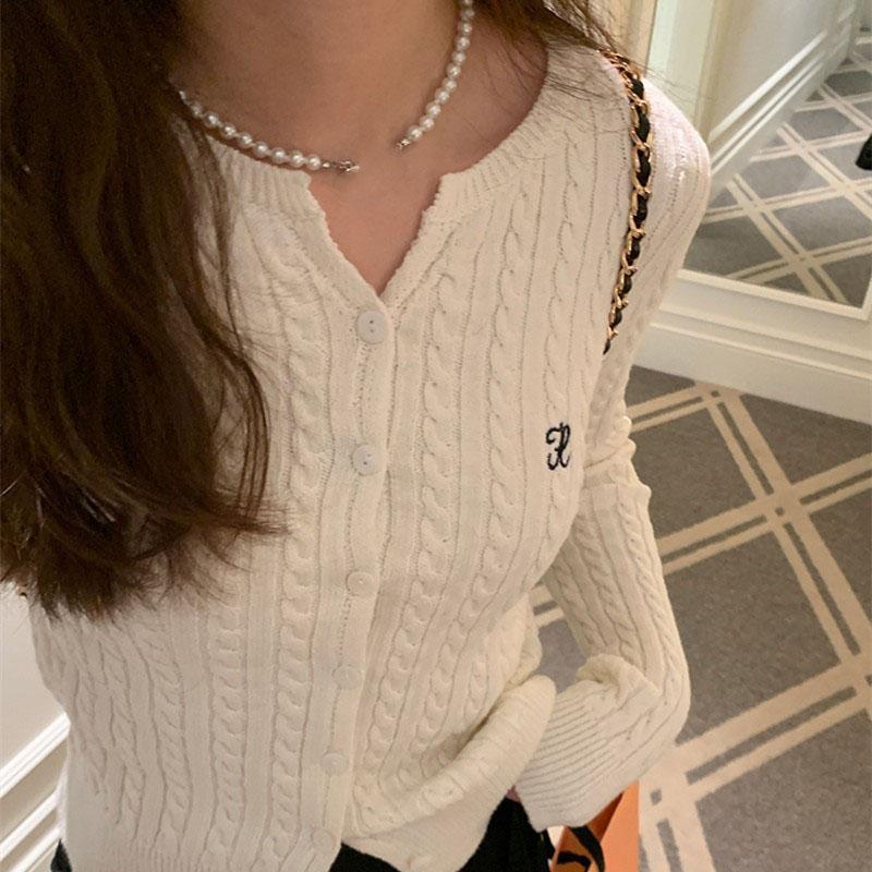 

Лінива Мода Вишивка Літерами В язаний Кардиган Ретро Довгий Рукав Вулична Куртка Осінь Зима V-подібний Виріз Повсякденний В язаний Одяг One size абрикосовий