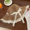 Porridge Cocoa Lace Bow Straw Hat Hollow Seaside Hat Women's Summer Vacation Straw Visor Beach Hat