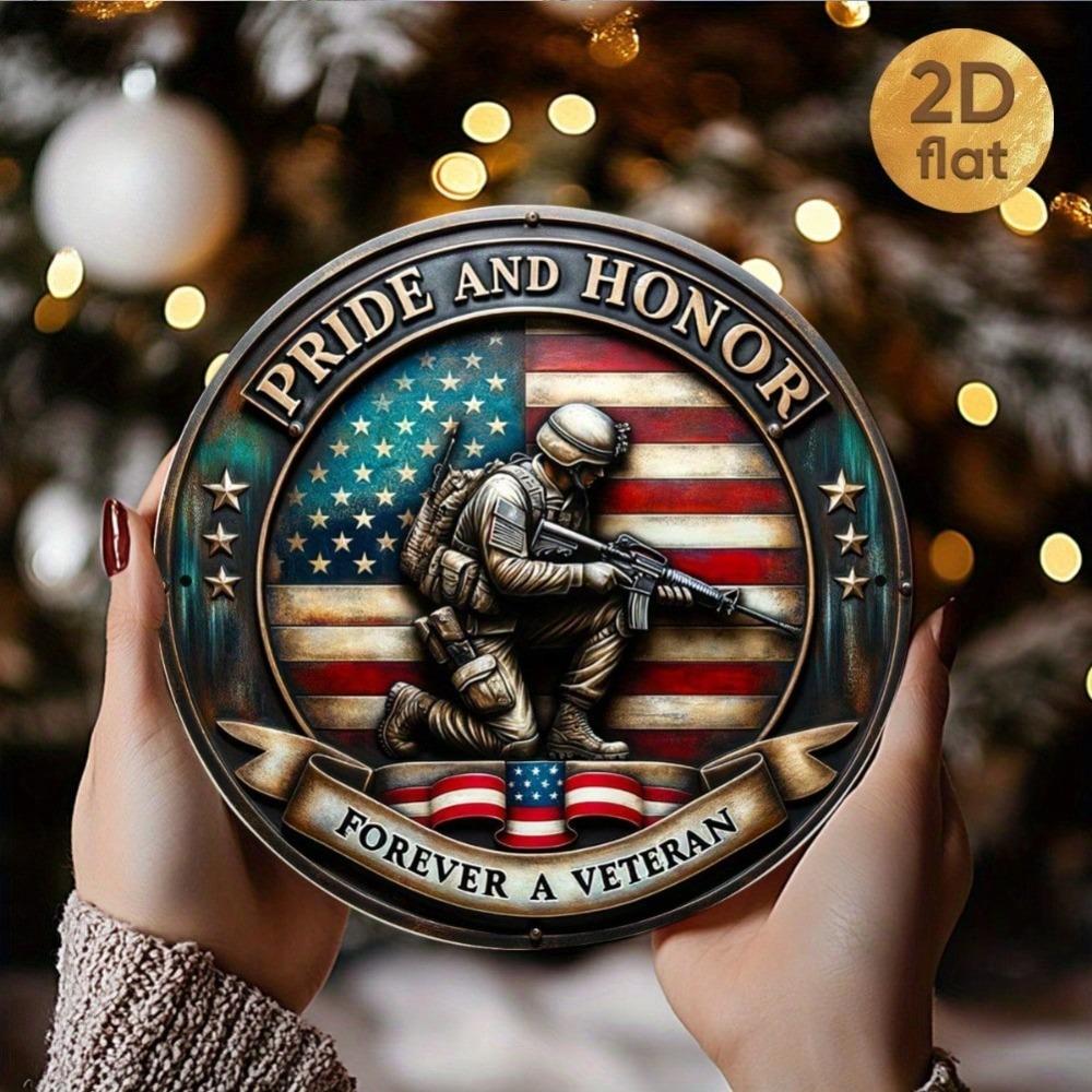 Patriotic Veterans Round Metal Sign American Flag Navy Design Wall Decor