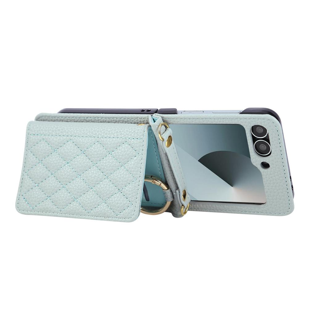 For Samsung Galaxy Z Flip7 FE 5G/Z Flip6 5G Case Kickstand Rhombus Leather+TPU Phone Cover with Shoulder Strap