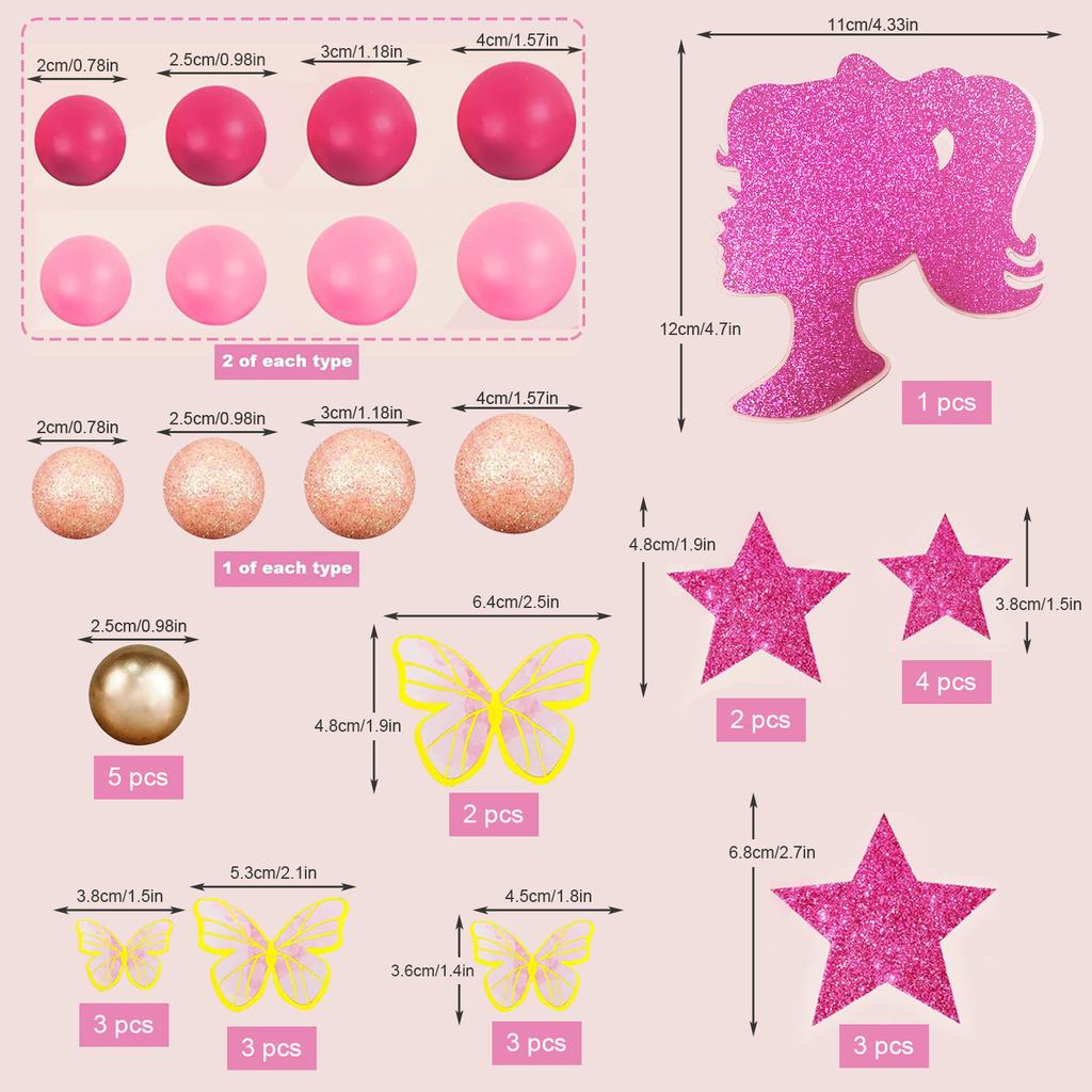 Heißes Pink Mädchen Gold Schmetterling Kugeln Stern Puppe Kuchenaufsatz für Hochzeit Babyparty Jubiläum Mädchen Geburtstag Themenparty Zubehör