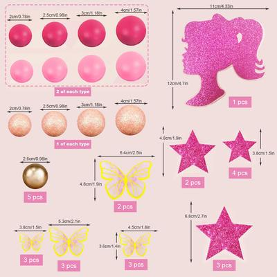 46pcs Hot Pink Girl Cake Toppers Girl Theme Cake Decoration Pink Gold Butterfly Balls Star Doll Cake Toppers for Birthday Party
