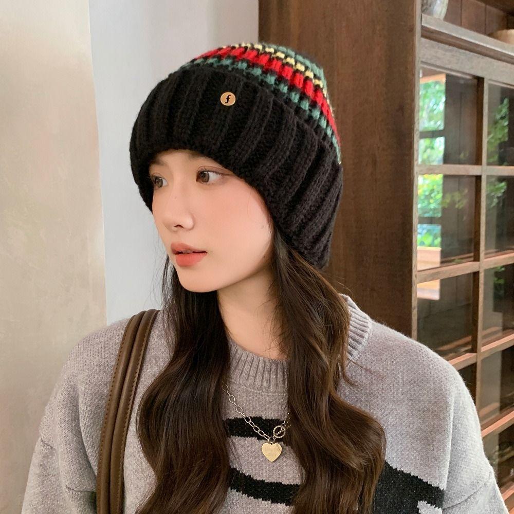 Trendy Casual Wool Hat Vintage Winter Pullover Hat Fashion Striped Knitted Hat  Outdoor
