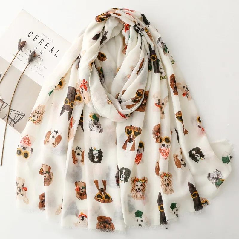 New Dog Print Luxury Women Viscose Scarf Summer Winter Shawl Cotton Linen Feeling Designer Tassel Muslim Hijab Wrap Turban