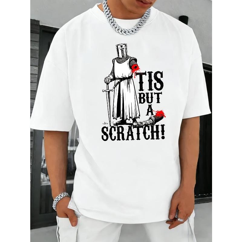 

Мужская спортивная забавная однотонная футболка Рыцарская цитата Это всего лишь царапина Хэллоуин Костюмированная вечеринка Подарок Повседневный топ с круглым вырезом Особенности: Потрясающий принт с портретом S белый