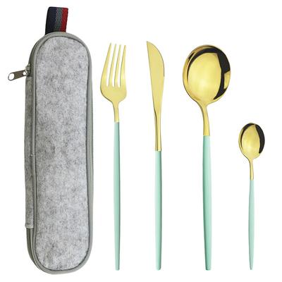 Ensemble de vaisselle vert menthe or, couverts de Camping de voyage, couteau, fourchette, cuillère avec sac gris Portable, service de table en acier inoxydable
