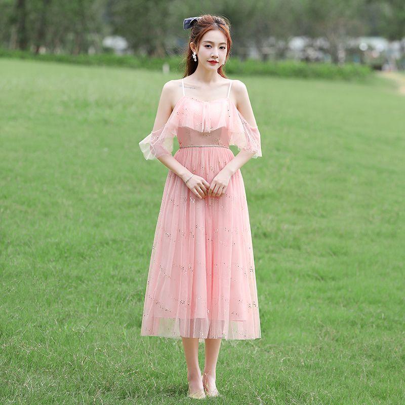 

Весенне-летнее приталенное платье для сестер, платье ведущей для выступления, платье подружки невесты Pink [E shoulder] Long XXL (70.00 kg-80.00 kg